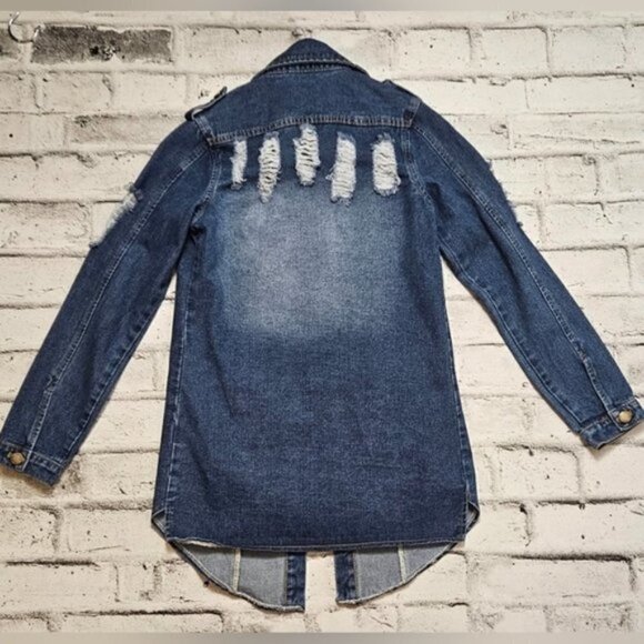 TANMING Women's Casual Lapel Slim Long Sleeve Denim Distressed Jacket - Picture 7 of 9